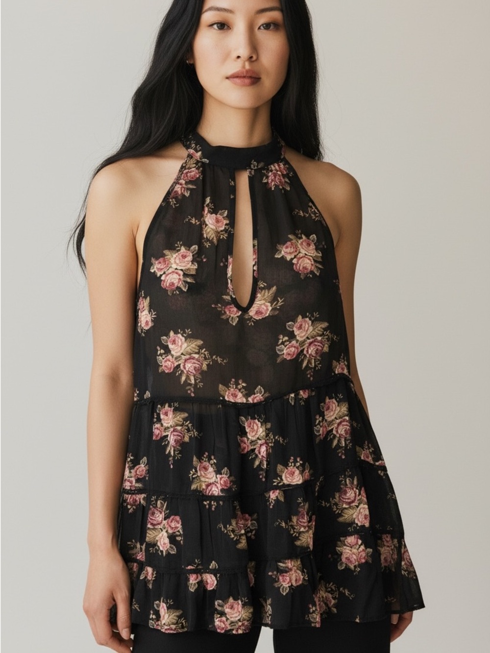 American Eagle Outfitters Floral Black Women's Top Size Medium